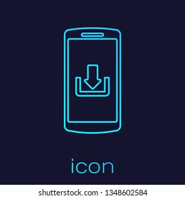 Turquoise Smartphone with download line icon isolated on blue background. Vector Illustration