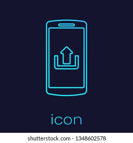 Turquoise Smartphone with upload line icon isolated on blue background. Vector Illustration