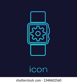 Turquoise Smartwatch setting line icon isolated on blue background. Smart watch settings. Vector Illustration
