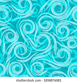 Olas de líneas lisas turquesa o salpicaduras de agua en un vector de fondo turquesa sin fisuras. Textura abstracta del mar o del jacuzzi.