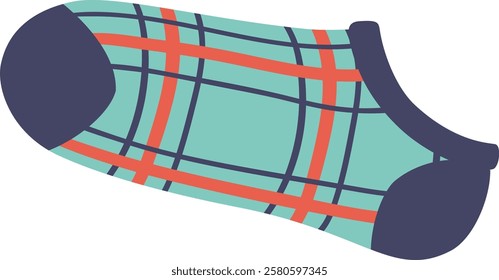 Turquoise sock with crossing orange stripes and dark blue heel and toe, isolated on white background representing fashion, winter, warmth, comfort, style and clothing