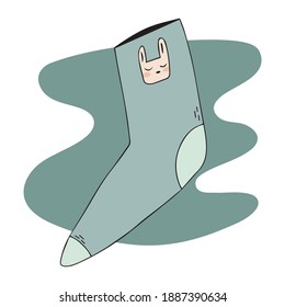 Turquoise sock with a rabbit drawn on it. Colorful hand-drawn icon. Illustration on a white background with a liquid object in the background.
