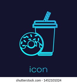 Turquoise Soda drink with drinking straw and donut line icon isolated on blue background. Fast food symbol. Vector Illustration