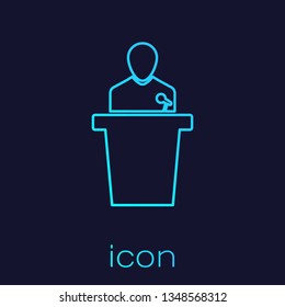 Turquoise Speaker line icon isolated on blue background. Orator speaking from tribune. Public speech. Person on podium. Vector Illustration