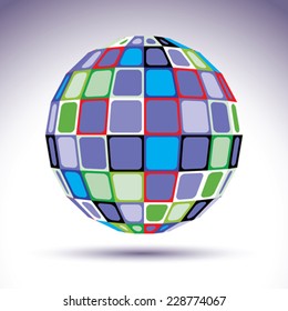 Turquoise spherical fractal object, 3d globe. Kaleidoscope orb created from colorful squares and four-side figures with outline.