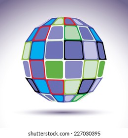 Turquoise spherical fractal object, dimensional disco ball with kaleidoscope effect. Modern orb created from colorful squares and four-side figures.