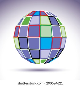 Turquoise spherical fractal object, dimensional disco ball with kaleidoscope effect. Modern orb created from colorful squares and four-side figures with outline.