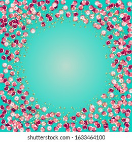 Turquoise square background with shiny pink sequins. Fashionable template for social networks, the Internet, advertising, website.