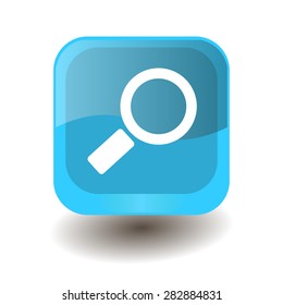 Turquoise square button with white magnifier sign, vector design for website