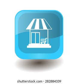Turquoise square button with white shop sign, vector design for website