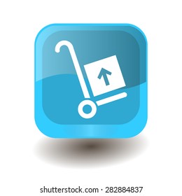 Turquoise square button with white trolley sign, vector design for website