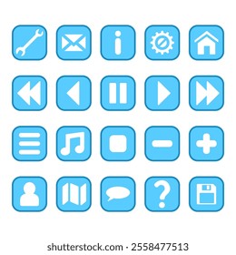 Turquoise Square Buttons for Mobile App. Settings and Music Control