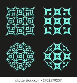 Turquoise square patterns. Abstract geometric shapes. Dark black background. Vector decorative icons.