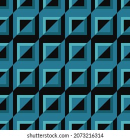 Turquoise squares of tiles that also have a black half. Repeating tiles with simple patterns.