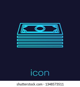 Turquoise Stacks paper money cash line icon isolated on blue background. Money banknotes stacks. Bill currency. Vector Illustration