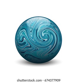 Turquoise stone ball, vector semiprecious gemstone, round blue bead with marble pattern on white