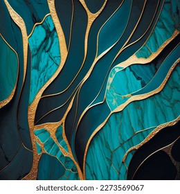 Turquoise stone liquid 3d abstract marbled background with golden inlay veins, lines. Marble mosaic, stone texture,  jasper. Ornamental modern marble pattern. Art deco wallpaper. Turquoise texture.