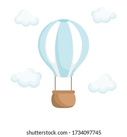 Turquoise striped hot air-balloon with brown basket with white clouds for design of album, scrapbook, card and invitation. Flat cartoon colorful vector illustration isolated on white background. 