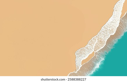 Turquoise summer background on empty beach sea, top view. Ocean waves break on tropical sand beach. Summer holiday background design template for web graphic, banner, card, brochure, leaflet.