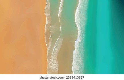 Turquoise summer background on empty beach sea, top view. Ocean waves break on tropical sand beach. Summer holiday background design template for web graphic, banner, card, brochure, leaflet.