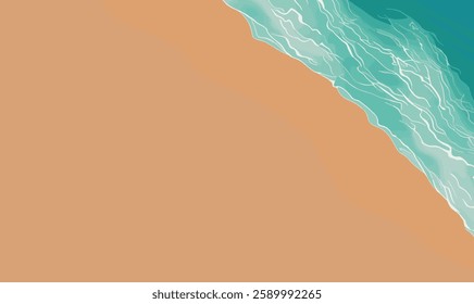 Turquoise summer background on empty beach sea, top view. Ocean waves break on tropical sand beach. Summer holiday background design template for web graphic, banner, card, brochure, leaflet.