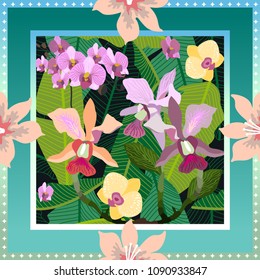 Turquoise summer tropical garden. Squared silk scarf with orchids, palm leaves and blooming flowers on green gradation background.