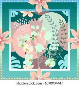 Turquoise summer tropical garden. Squared silk scarf with orchids, palm leaves and blooming flowers on blue and pink gradation background.