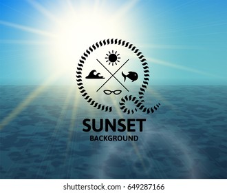 Turquoise sunset with blue water sea surface, perspective landscape in sunny fog, soft vibrant multicolored vector background illustration