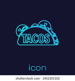 Turquoise Taco with tortilla line icon isolated on blue background. Traditional mexican fast food. Vector Illustration