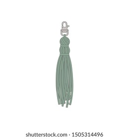 A turquoise tassel with a fringe hangs on a carbine. Fashionable decoration and accessory, brush of threads and cord. Isolated vector illustration of a fringe tassel.