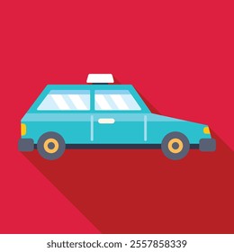 Turquoise taxi car parked on a red background representing passenger transportation service