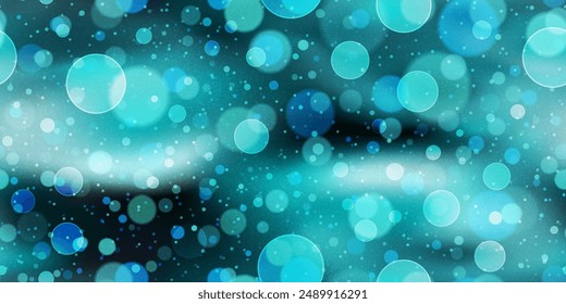 Turquoise teal gradient seamless pattern with bokeh effect. Abstract neon ocean blue bg with bubbles and blurred circles. Vector illustration with gradient mesh and overlay texture