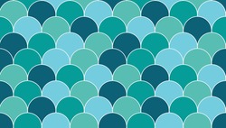 Turquoise, Teal Green, Aqua And Dark Blue Fishscale Scallop, Moroccan Mermaid Tile Mosaic. Multicolour Fish Scale Tiles With White Outline. Seamless Vector Repeat Background Texture Pattern Wallpaper