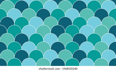 Turquesa, verde guisante, agua y escalinata de pescadores azul oscuro, mosaico de mosaicos de sirenas marroquíes. Baldosas de escala de peces multicolor con contorno blanco. Papel de fondo para el patrón de textura de fondo de vector sin dificultades