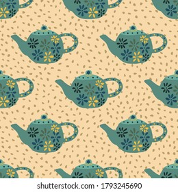 Turquoise teapots with flowers seamless pattern. Hand drawn kitchen dishes on light orange background with dots. Perfect for wallpaper, textile, wrapping paper, fabric print. Vector illustration.