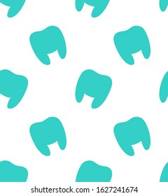 Turquoise teeth seamless pattern for International Dentist Day. White background, vector.