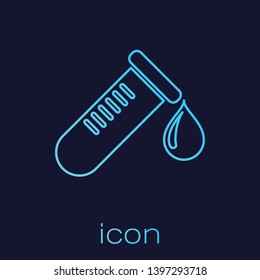 Turquoise Test tube or flask with drop of blood line icon isolated on blue background. Laboratory, chemical, scientific glassware sign. Vector Illustration