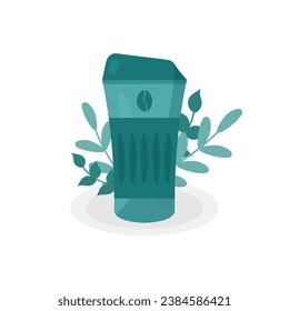 Turquoise thermos in cartoon flat style. Thermo mug with coffee beans, in leaves. The concept of walking, travel, hiking, travel, sports, fitness. Vector illustration on a white background, eps 10.