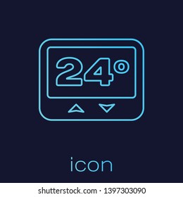 Turquoise Thermostat line icon isolated on blue background. Temperature control. Vector Illustration