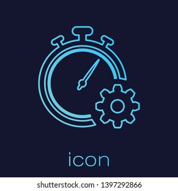 Turquoise Time Management line icon isolated on blue background. Clock and gear sign. Productivity symbol. Vector Illustration