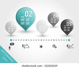 turquoise timeline with buttons and business icons. infographic concept.