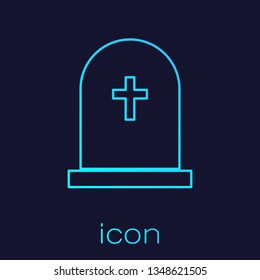 Turquoise Tombstone with cross line icon isolated on blue background. Grave icon. Vector Illustration