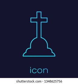 Turquoise Tombstone with cross line icon isolated on blue background. Grave icon. Vector Illustration
