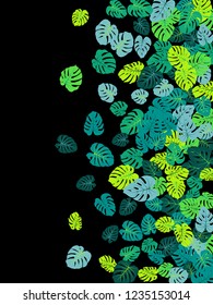 Turquoise tropical jungle leaves vector scatter. Philodendron or monstera plant summer background. Cool jungle plants tropical foliage pattern. Greenery vector with monstera leaves on black.