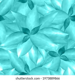 Turquoise tropical leaves. Seamless pattern graphic design with amazing plant. Fashion, interior, wrapping, packaging suitable. Realistic tropical leaves growing upwards.