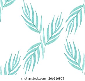 Turquoise Tropical leaves watercolor seamless pattern. Vector
