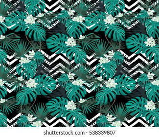 Turquoise tropical leaves and white flowers on black background. White zigzag background. Exotic seamless pattern. Vector botanical print.