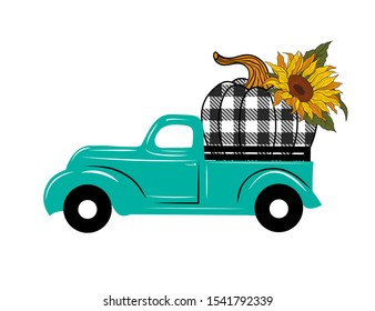 
Turquoise truck with Buffalo Plaid Floral Pumpkin. Farmhouse Decor. Vector illustration. 
