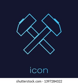 Turquoise Two crossed hammers line icon isolated on blue background. Tool for repair. Vector Illustration