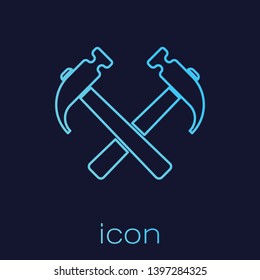 Turquoise Two crossed hammers line icon isolated on blue background. Tool for repair. Vector Illustration